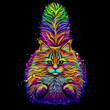 Abstract, multicolored image of a running fluffy cat in watercolor style on a black background.