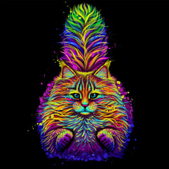 Wall Mural - Abstract, multicolored image of a running fluffy cat in watercolor style on a black background.