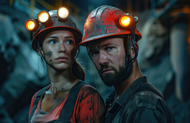 Wall Mural - A woman and man in hard hats with lights on their heads, working together at the mine.