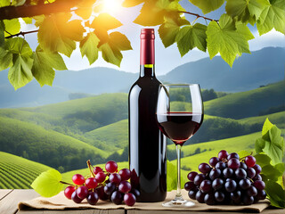 Glass and bottle of wine and delicious red grapes are placed on the table with nature background.