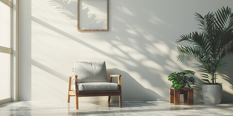 Poster -  empty white wall with a white  blank  wooden frame and two armchairs and a small coffee table and plants.   Scandinavian interior design living room