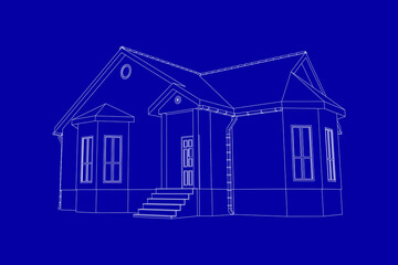 Wall Mural - Perspective 3D suburban house. Drawing of the modern building. Cottage project . Vector blueprint.