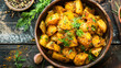 Classic bangladeshi dish, aloo bhaji, spicy potatoes in a rustic bowl on a dark wooden backdrop