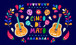 Beautiful vector illustration with design for Mexican holiday 5 may Cinco De Mayo. Vector template with traditional Mexican symbols skull, Mexican guitar, flowers, red pepper