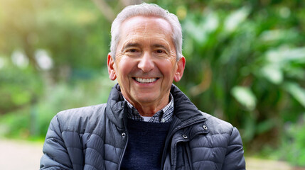 Poster - Portrait, smile and elderly man in garden or park for leisure, outdoor recreation and retirement. Face, flare and green with happy senior person in nature to relax for summer wellbeing or wellness