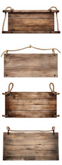 Rustic Charm: A Collection of Wooden Signs Suspended by Ropes, Designed with Transparent Backgrounds for Versatile Use.