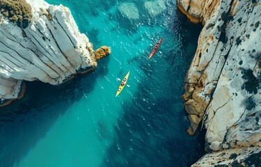 An aerial view of two kayakers navigating through the river