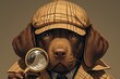 A brown dog wearing an English deerstalker hat and coat, holding up his magnifying glas