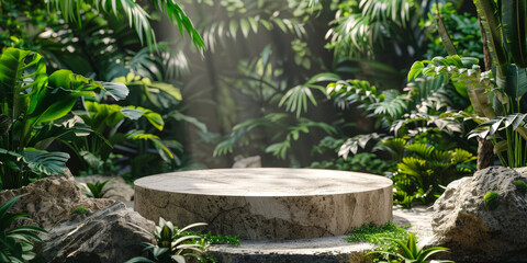 Sticker - empty stone round podium pedestal amidst on  tropical jungle leaves background, a mockup for a product presentation.empty Stone podium scene summer background 