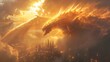 Majestic Fire-Breathing Dragon Emerging from Fiery Clouds Over Enchanted Castle Ruins