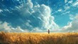Solitary figure standing in a vast golden wheat field under a majestic blue sky with dramatic clouds,conveying a sense of freedom,contemplation,and