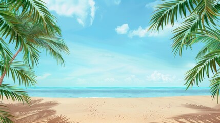 Wall Mural - A tropical beach setting with palm trees and a blank area in the sand for text. 