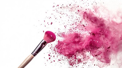 A makeup brush with pink powder on it, flying in the air, with a white background and wood handle. Generated by artificial intelligence.