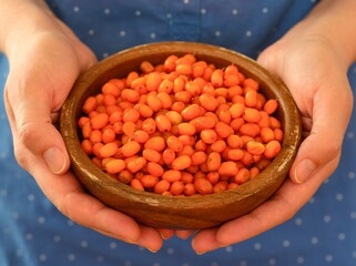 Wall Mural - Woman holding wooden bowl full of frozen ripe sea buckthorn berries in her hands. Close-up