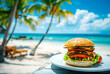 Appetizing burger with vegetables against the backdrop of the sea beach.