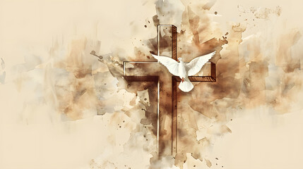 Religious religion greeting card concept background - Watercolor painting illustration of a christian cross with a dove of peace in beige brown colors