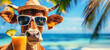 Funny cow in a straw hat and sunglasses on the ocean shore with a cocktail