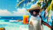 Funny penguin in a straw hat and sunglasses on the ocean shore with a cocktail on a sunny summer day.