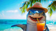 Funny shark in a straw hat on the beach under palm trees.