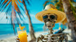 Funny skeleton in a straw hat on the beach under the palm trees.