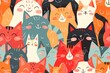 cute and happy cartoon cat pattern with many cats of different colors, smiling faces, laughing