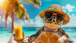 Turtle in a straw hat on the beach under the palm trees.