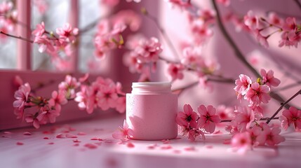 Wall Mural - A small can of white moisturizer on a few pink cherry blossoms background. Generated by artificial intelligence.