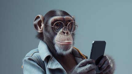 Modern anthropomorphic chimpanzee wearing stylish denim jacket and glasses checking smartphone - a conceptual full-length portrait of a contemporary primate using digital art