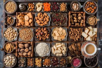 top view of mixed nuts in ceramic bowl and cup a coffe. Mix of various nuts on colored background. pistachios, cashews, walnuts, hazelnuts, peanuts and brazil nuts.