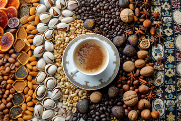 Wall Mural - top view of mixed nuts in ceramic bowl and cup a coffe. Mix of various nuts on colored background. pistachios, cashews, walnuts, hazelnuts, peanuts and brazil nuts.