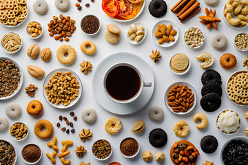 Wall Mural - top view of mixed nuts in ceramic bowl and cup a coffe. Mix of various nuts on colored background. pistachios, cashews, walnuts, hazelnuts, peanuts and brazil nuts.