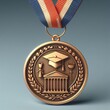 An Academic Medal and Bronze Award with Colored Ribbon, Isolated on a Subtle Blue Background.