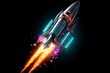 Vibrant neon hues bring a futuristic flair to a dynamic painting of a spaceship rocket, showcasing the boundless possibilities of futuristic artistry on dark black background.