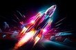 Vibrant neon hues bring a futuristic flair to a dynamic painting of a spaceship rocket, showcasing the boundless possibilities of futuristic artistry on dark black background.