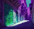 Maltese streets with traditional buildings neon green 