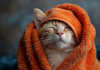Wall Mural - A cat is wrapped in an orange towel and is sleeping. The cat is curled up and he is very relaxed