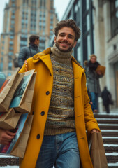 Poster - A man in a yellow coat is smiling and holding shopping bags. He is walking down a snowy street