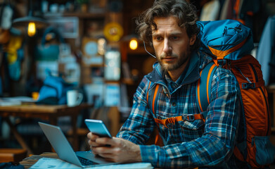 Sticker - A man with a backpack is sitting at a table with a laptop and a cell phone