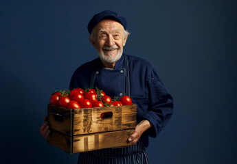 Wall Mural - A man in a blue chef's coat is holding a wooden crate full of tomatoes. He is smiling and he is happy