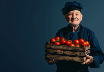 Wall Mural - A man in a blue apron is holding a crate full of tomatoes. He is smiling and he is happy