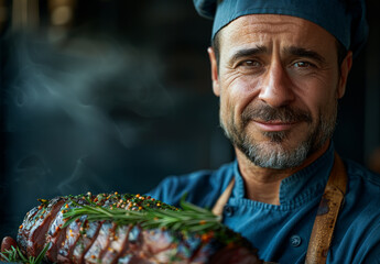 Wall Mural - A man in a chef's hat is holding a large piece of meat with herbs on it. He is smiling and he is proud of his creation