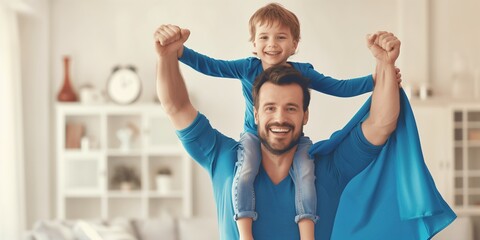 Superhero Dad, happy father and son playing super hero game at home, concept of Father's Day, family, love.