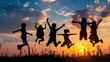 Children's Unbridled Joy: A Vibrant Sunset Silhouette of Collective Exuberance