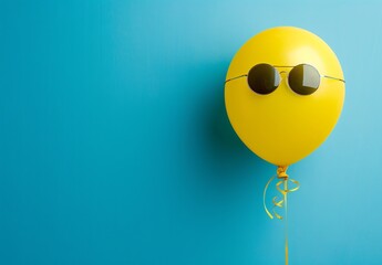 Wall Mural - yellow balloon with sunglasses on it on blue background
