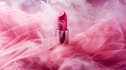 Wall Mural - A pink lipstick lying on pink fabric, smoke around it. Generated by artificial intelligence.