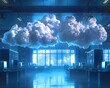 the birth of cloud computing futuristic startup office, with data servers morphing into fluffy, illuminated clouds above