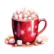 Cozy watercolor illustration of red mug full of hot cocoa and marshmallows isolated on white background.