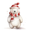 Watercolor cute polar bear in striped hat and scarf isolated on white background.
