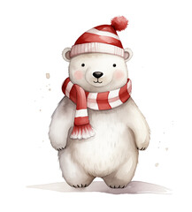 Wall Mural - Watercolor cute polar bear in striped hat and scarf isolated on white background.