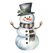 Watercolor snowman with a top hat and striped scarf isolated on white background.